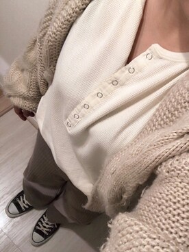 「DISCOAT（ディスコート）の太ケーブルカーディガン（カーディガン/ボレロ）」を使った、Rinさん（レディース・160cm）の春コーディネート