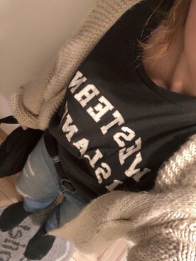 「DISCOAT（ディスコート）の太ケーブルカーディガン（カーディガン/ボレロ）」を使った、Rinさん（レディース・160cm）の秋コーディネート