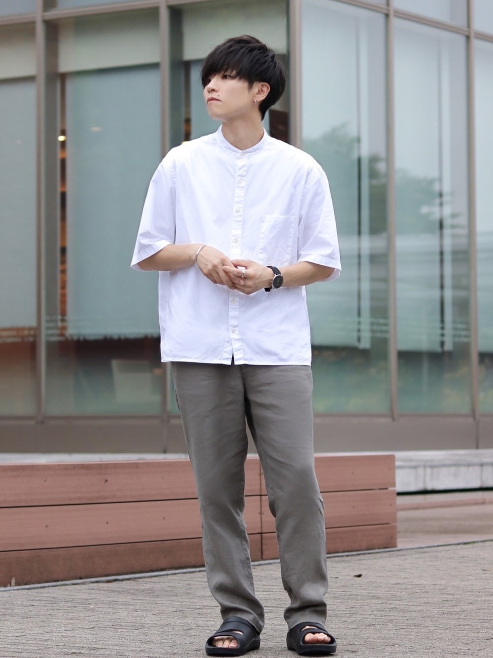 美品 Steven Alan SLOW OX BAND COLLAR SHIRT Steven Alan＞ SLOW/OX BOX BAND COLLAR SHIRT-BOLD/シャツを