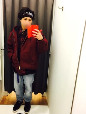 「Supreme （シュプリーム）のアイテム（ヘアバンド、ブラック系）」を使った、なかじーさん（メンズ）の冬コーディネート