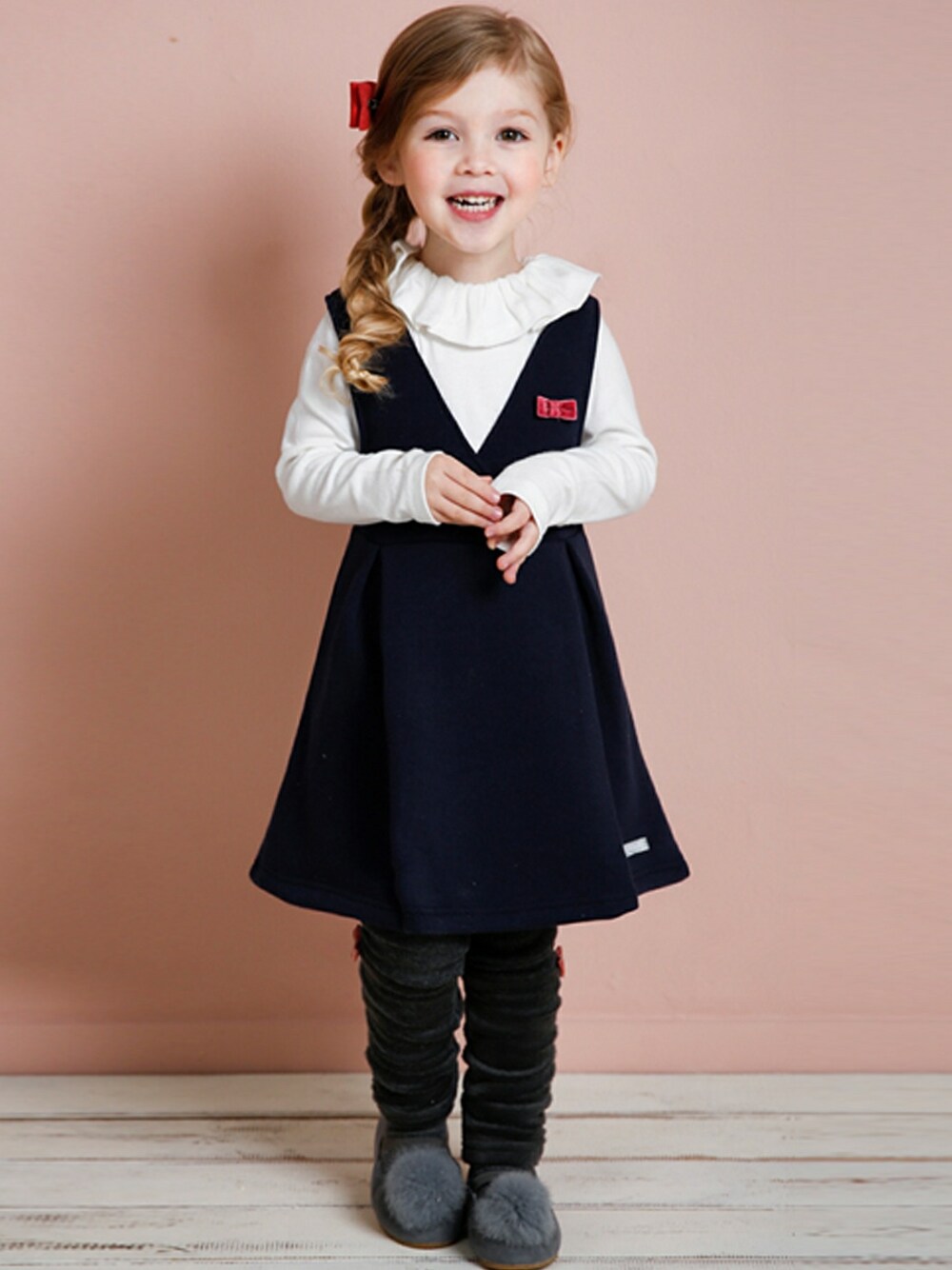 「カットソー、ワンピース、kids、韓国子供服、春、春コーデ、女の子、韓国ブランド、TeddyShop、JELISPOON」｜「JELISPOONのキッズ　裏起毛ガーリーワンピースセット（ワンピース、ブルー系）」を使った、KidsTeddyさん（キッズ・100cm）の春コーディネートの1枚目の写真