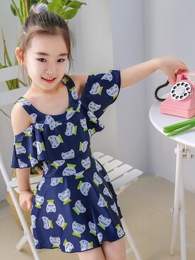 Teddyshop テディショップ の キッズ水着 猫柄オフショルダーフリルワンピーススイムウェア ショートパンツ２点セット 水着 Wear