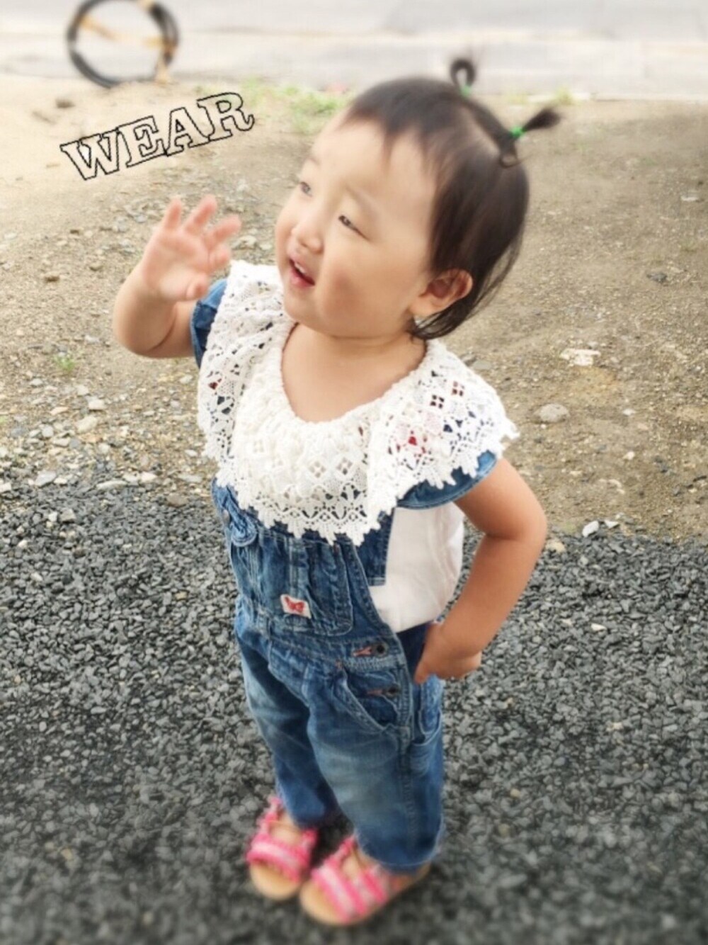 「夏コーデ、kids、女の子、2歳8ヶ月、GAP、チームうすげちゃん、うすげアレンジ、go to hollywood、サロペット」｜「GAPのGap クローシェフリル トップス（シャツ/ブラウス、ホワイト系）」を使った、♡Mei♡さん（キッズ・80cm）の夏コーディネートの1枚目の写真