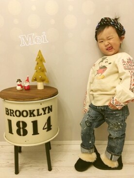 「DENIM DUNGAREE（デニムダンガリー）のアイテム（デニムパンツ、ブルー系）」を使った、♡Mei♡さん（キッズ・100cm）の冬コーディネート