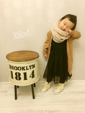 「GLOBAL WORK（グローバルワーク）の【キッズ】アラエルニットロングカーデ/727048 （カーディガン/ボレロ、ブラウン系）」を使った、♡Mei♡さん（キッズ・100cm）の冬コーディネート