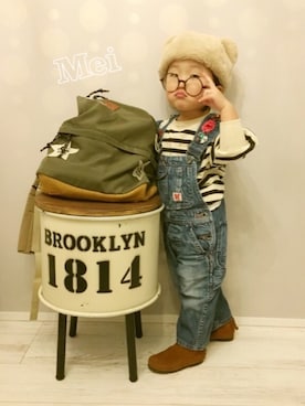 「GO TO HOLLYWOOD（ゴートゥーハリウッド）のアイテム（サロペット/オーバーオール、ブルー系）」を使った、♡Mei♡さん（キッズ・100cm）の冬コーディネート