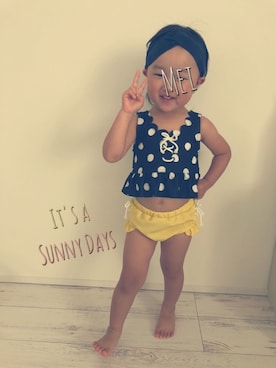 「petit main（プティマイン）のドット編み上げタンキニ（水着、グレー系）」を使った、♡Mei♡さん（キッズ・100cm）の夏コーディネート