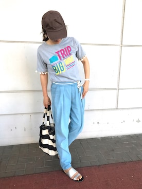 「titivate（ティティベイト）の【SEDA 6月号掲載】ﾂｰｽﾄﾗｯﾌﾟﾌﾗｯﾄｻﾝﾀﾞﾙ（サンダル）」を使った、ぽしこさん（レディース・158cm）の夏コーディネート