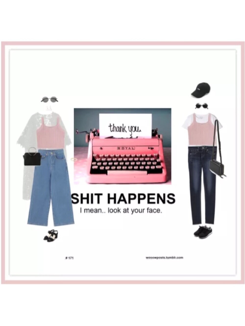 ピンク系のトップス、ブルー系のデニムパンツ、ブラック系のショルダーバッグを着用したレディースの夏コーディネートの1枚目の写真