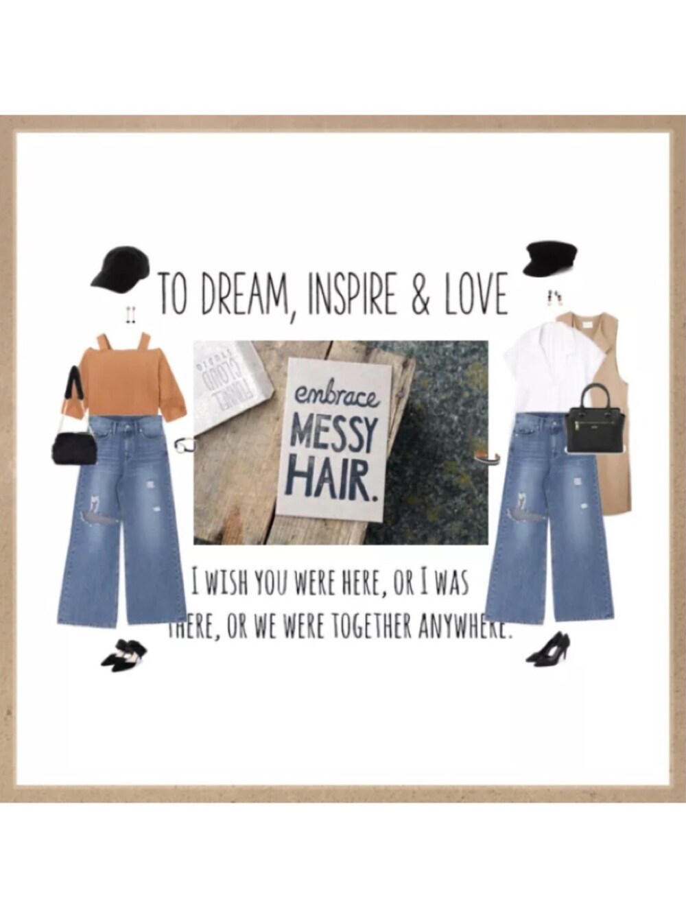 オレンジ系のトップス、ブルー系のデニムパンツ、ブラック系のパンプスを着用したレディースの秋コーディネートの1枚目の写真