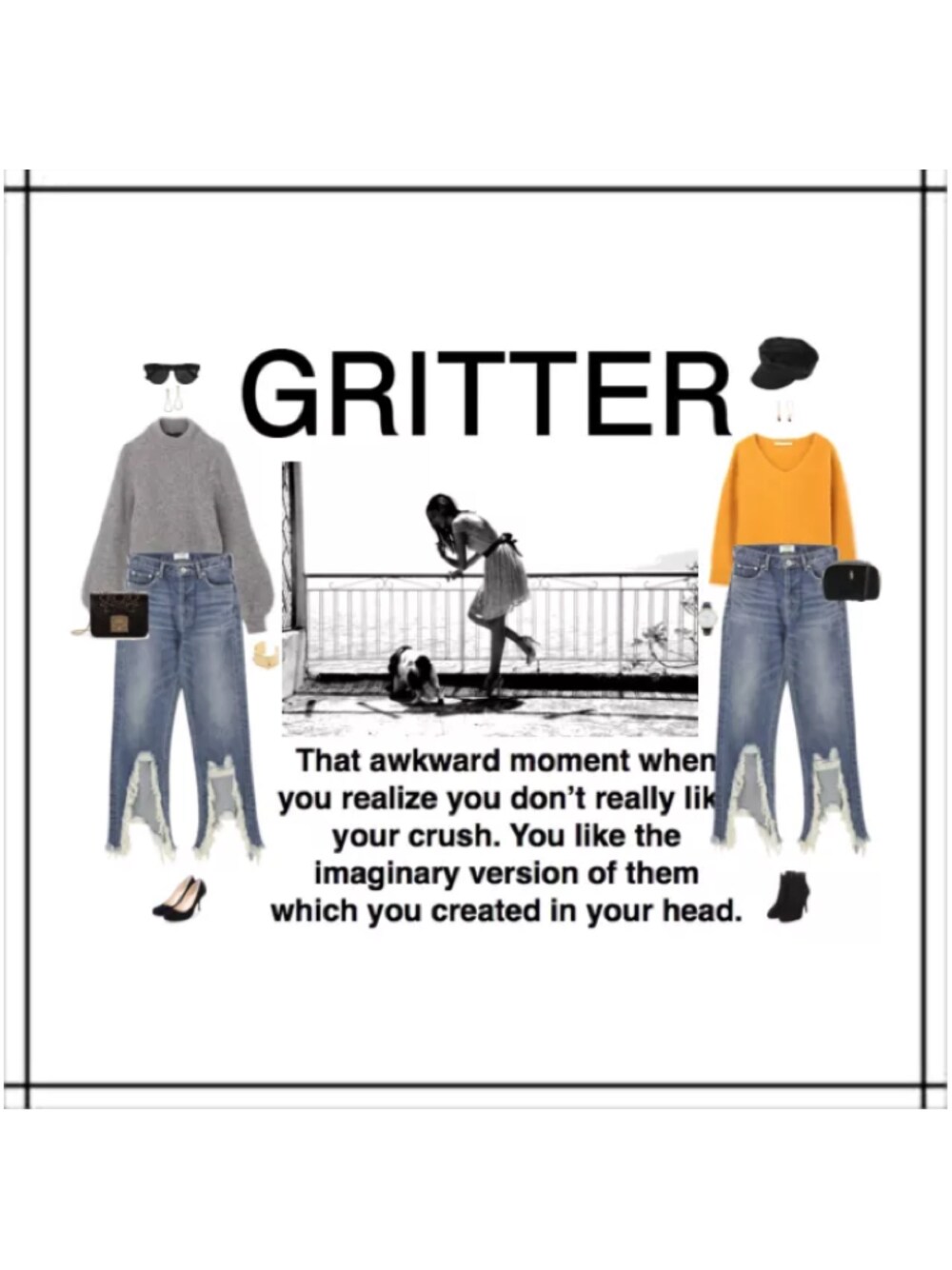 グレー系のニット/セーター、ブルー系のデニムパンツ、ブラック系のショルダーバッグを着用したレディースの秋コーディネートの1枚目の写真