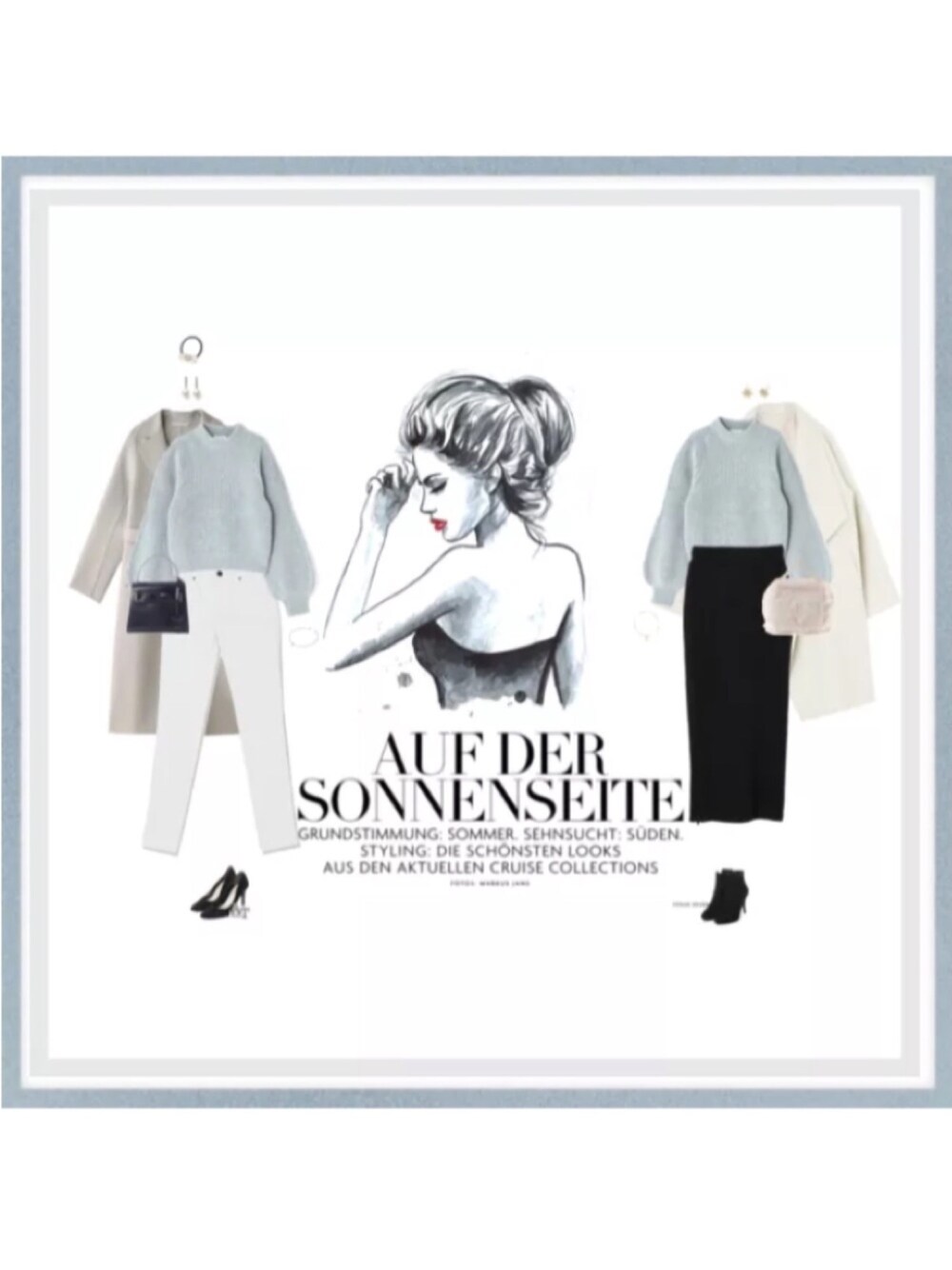 グレー系のジャケット/アウター、ブルー系のニット/セーター、ホワイト系のその他パンツを着用したレディースの秋コーディネートの1枚目の写真