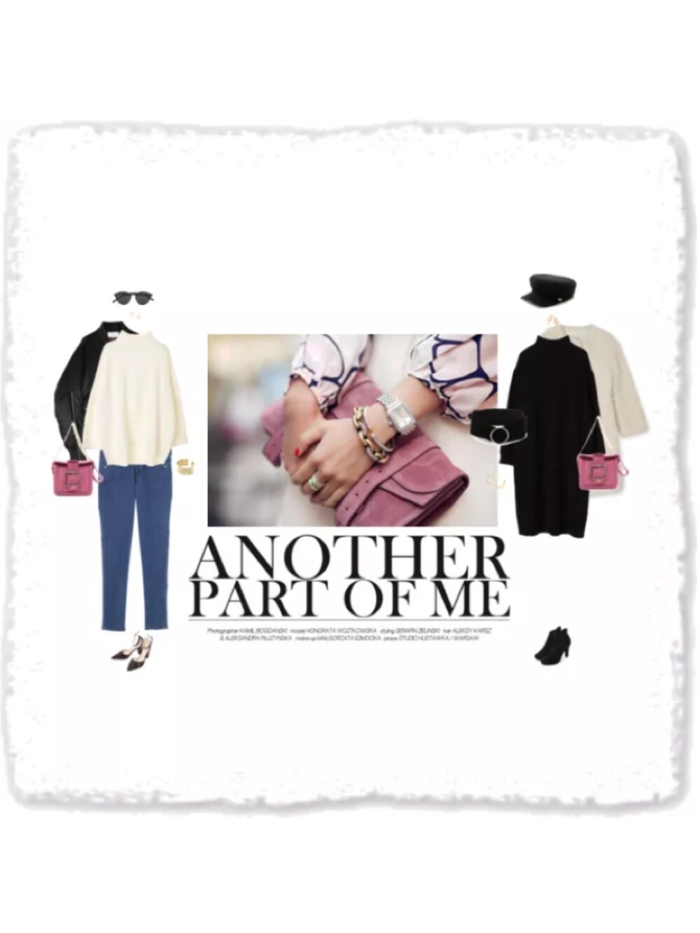 ホワイト系のニット/セーター、ブルー系のデニムパンツ、ブラック系のジャケット/アウターを着用したレディースの冬コーディネートの1枚目の写真