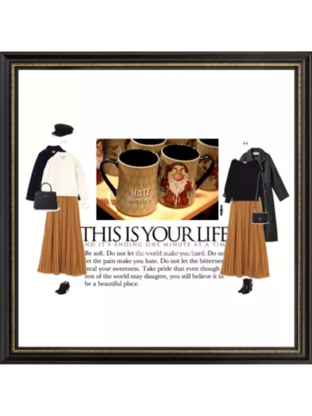 ホワイト系のニット/セーター、ブラック系のジャケット/アウター、グレー系のトレンチコートを着用したレディースの冬コーディネートの1枚目の写真