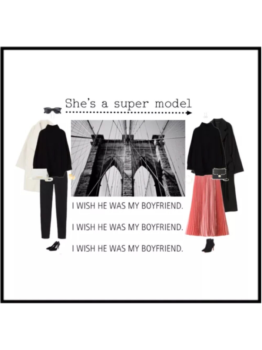 ブラック系のニット/セーター、ブラック系のその他パンツ、ホワイト系のジャケット/アウターを着用したレディースの冬コーディネートの1枚目の写真