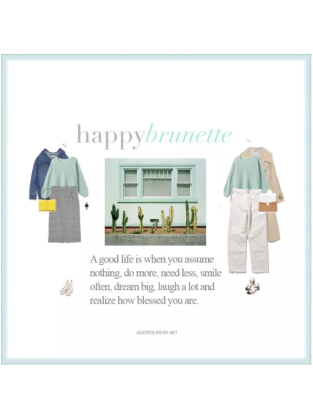 グリーン系のニット/セーター、ブルー系のデニムジャケット、ベージュ系のトレンチコートを着用したレディースの夏コーディネートの1枚目の写真