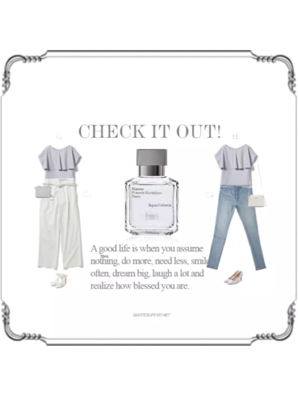 パープル系のシャツ/ブラウス、ホワイト系のその他パンツ、ブルー系のデニムパンツを着用したレディースの夏コーディネートの1枚目の写真