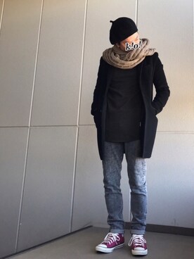 「ベレー帽推奨委員会」｜「アイテム（チェスターコート）」を使った、k!o!👶👶さん（メンズ・171cm）の冬コーディネート