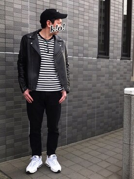 「無地党」｜「アイテム（ライダースジャケット）」を使った、k!o!👶👶さん（メンズ・171cm）の春コーディネート