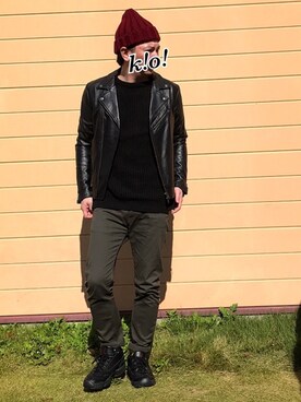「無地党」｜「アイテム（ライダースジャケット）」を使った、k!o!👶👶さん（メンズ・171cm）の冬コーディネート