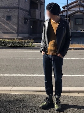 「ベレー帽推奨委員会」｜「アイテム（ライダースジャケット）」を使った、k!o!👶👶さん（メンズ・171cm）の冬コーディネート