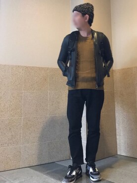 「マスタード」｜「アイテム（ライダースジャケット）」を使った、k!o!👶👶さん（メンズ・171cm）の冬コーディネート