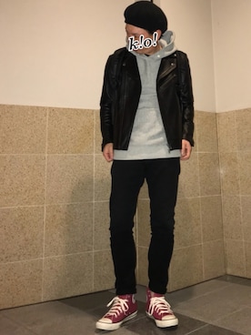 「ベレー帽推奨委員会」｜「アイテム（ライダースジャケット）」を使った、k!o!👶👶さん（メンズ・171cm）の冬コーディネート