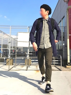 「ロングシャツ」｜「アイテム（ステンカラーコート）」を使った、k!o!👶👶さん（メンズ・171cm）の春コーディネート