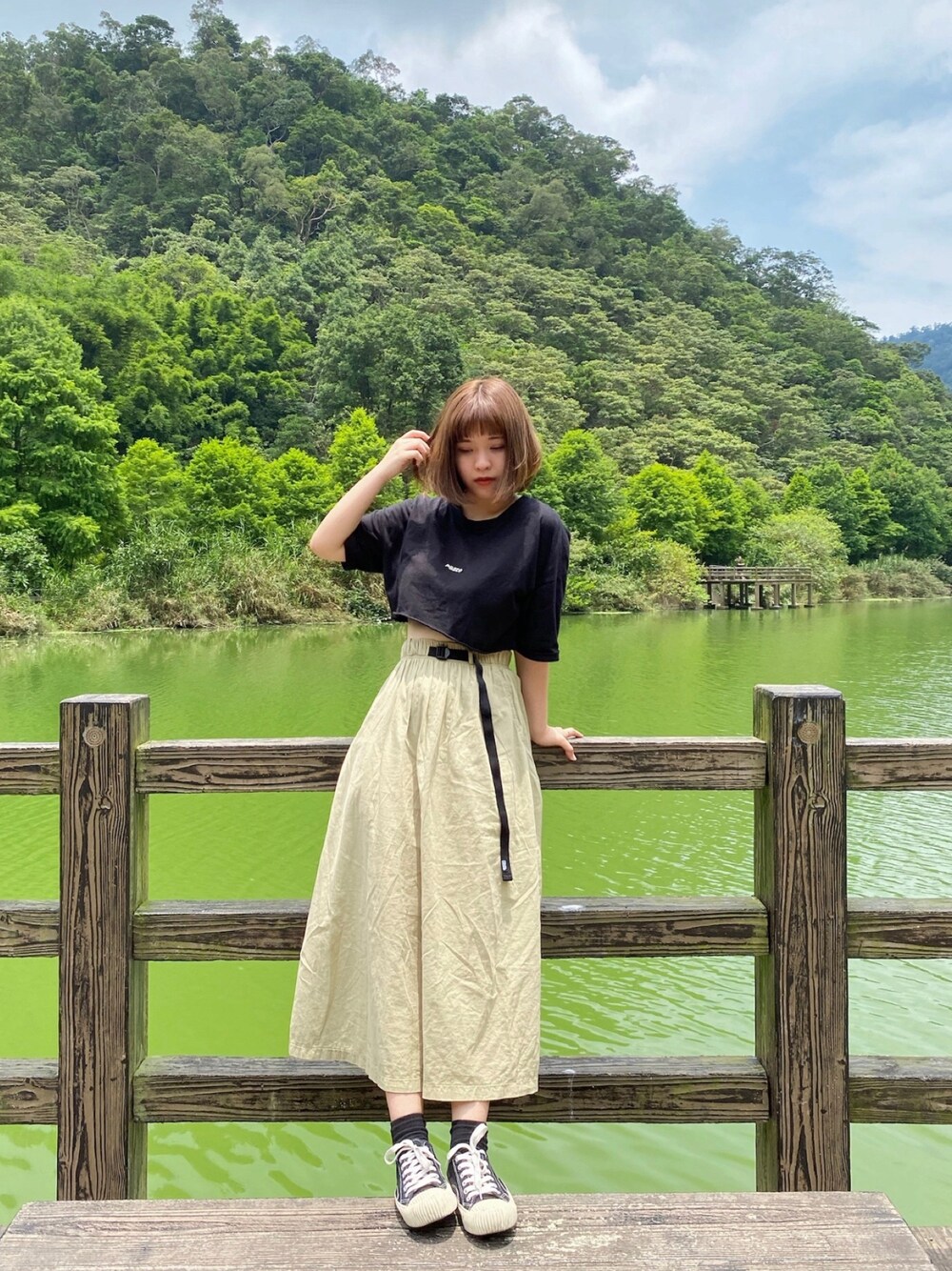 「PAZZOのアイテム（Tシャツ/カットソー、ブラック系）」を使った、yunyunさん（レディース・158cm）の夏コーディネートの1枚目の写真