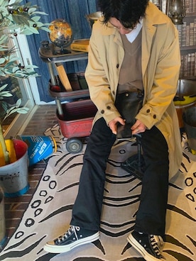 「アイテム（ステンカラーコート）」を使った、   大阪の散髪屋さん（メンズ・169cm・20代）の春コーディネート