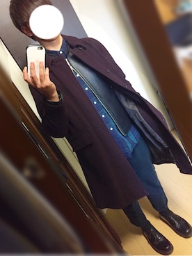 「ワインレッド」｜「アイテム（ステンカラーコート）」を使った、砂糖さん（メンズ・179cm）の冬コーディネート