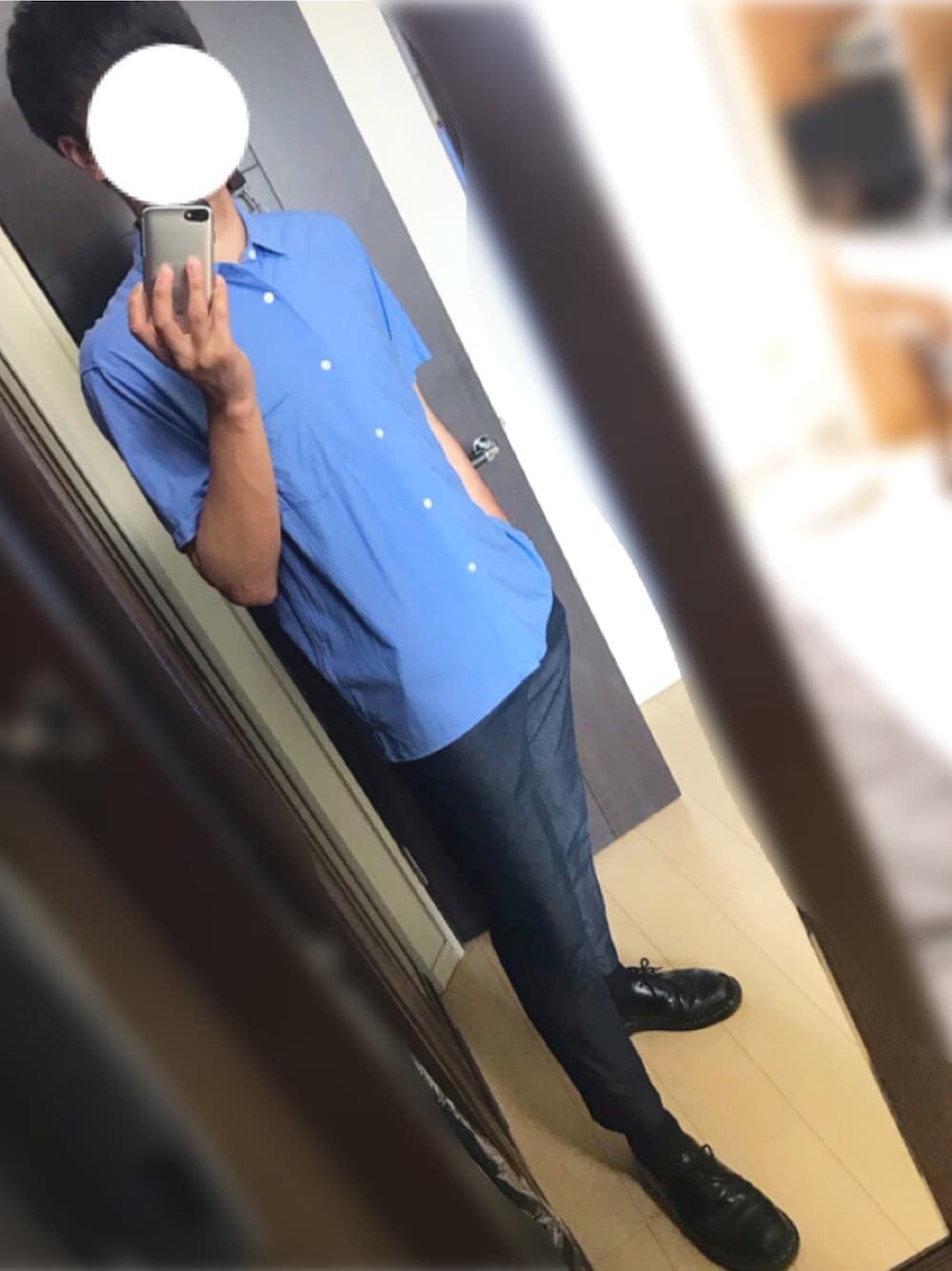 「シンプル、夏、きれいめカジュアル、いいね、save、フォローお願いします🤑、今日のコーデ、ブルー、Dr.Martens」｜「BEAUTY&YOUTH UNITED ARROWSのBY ジャージ ショートスリーブ シャツ ◆（シャツ/ブラウス、ブルー系）」を使った、砂糖さん（メンズ・178cm）の夏コーディネートの1枚目の写真