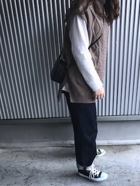 「LOWRYS FARM（ローリーズファーム）のCONEハイライズワイドデニム　800874（デニムパンツ）」を使った、bananaさん（レディース・158cm）の春コーディネート