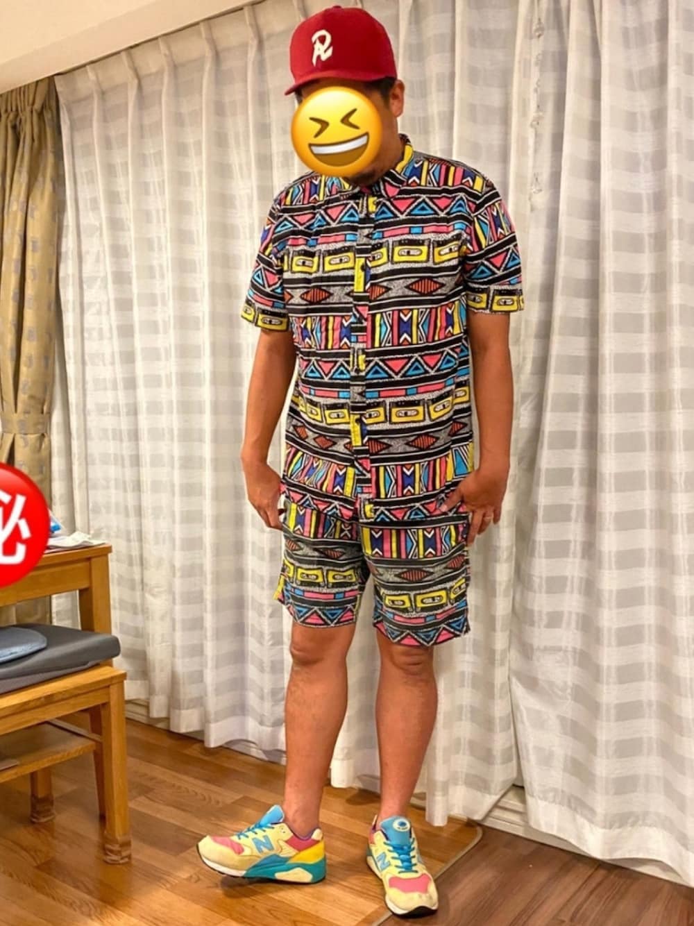「セットアップ、ニューバランス、ニューバランス580、おじさん、派手、H&M、ラカル、休日スタイル」｜「H&Mのアイテム（シャツ/ブラウス、その他）」を使った、松さん（メンズ・178cm）の秋コーディネートの1枚目の写真