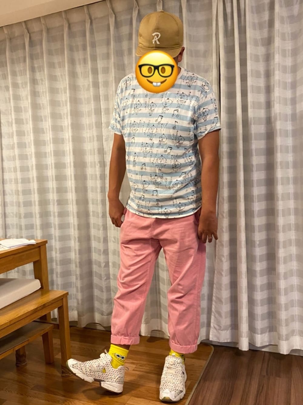 「今日のコーデ、古着コーデ、GRAMICCI、パステルカラー、グラニフ、ボーダー、おじさん、キャラクターコーデ」｜「Design Tshirts Store graniphのアイテム（Tシャツ/カットソー、ブルー系）」を使った、松さん（メンズ・178cm）の秋コーディネートの1枚目の写真