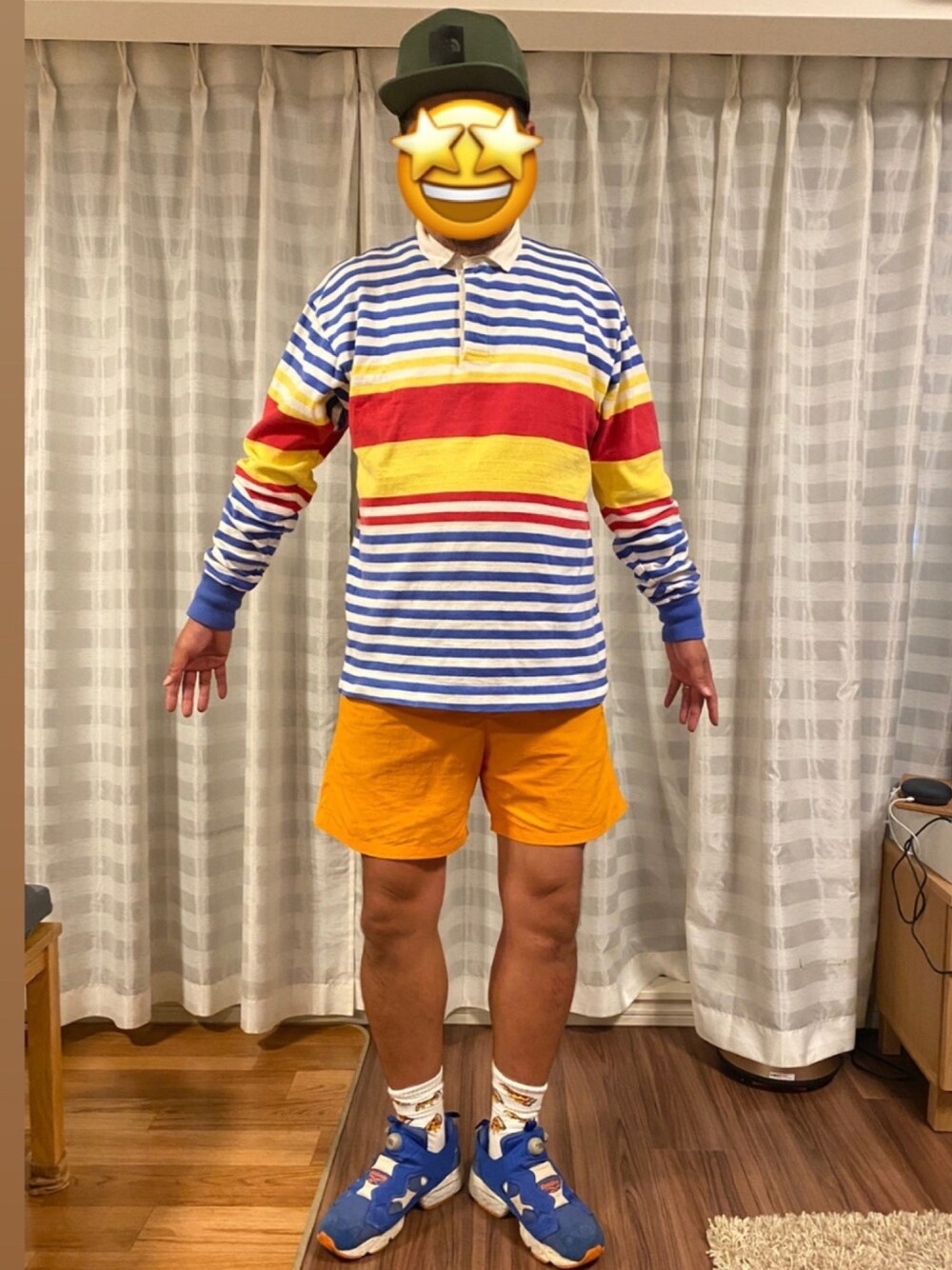 「古着、ラガーシャツ、カラフル、派手、リーボック(Reebok)、H&M、オレンジ、THE NORTH FACE、おじさんコーデ」｜「workmanのアイテム（その他パンツ、オレンジ系）」を使った、松さん（メンズ・178cm）の秋コーディネートの1枚目の写真