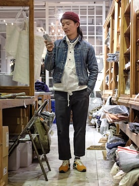 「RRL（ダブル アール エル）のアイテム（デニムジャケット）」を使った、caifenglaoさん（メンズ・165cm）の冬コーディネート