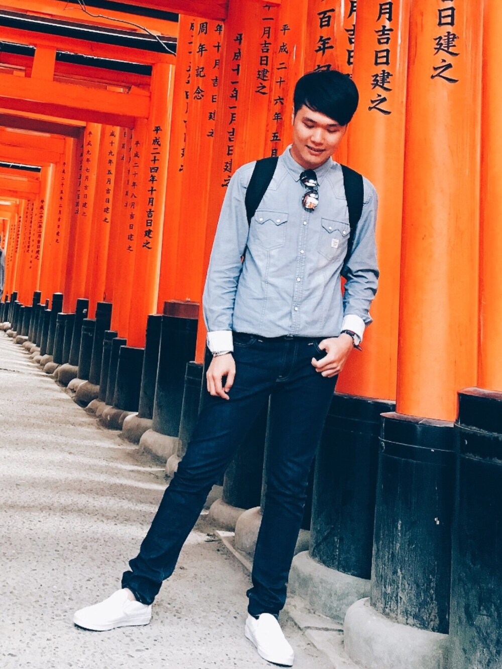 「Taiwan、life、Japan」｜「Leeのアイテム（パンツ、ブルー系）」を使った、Angus Chenさん（メンズ・178cm）の秋コーディネートの1枚目の写真