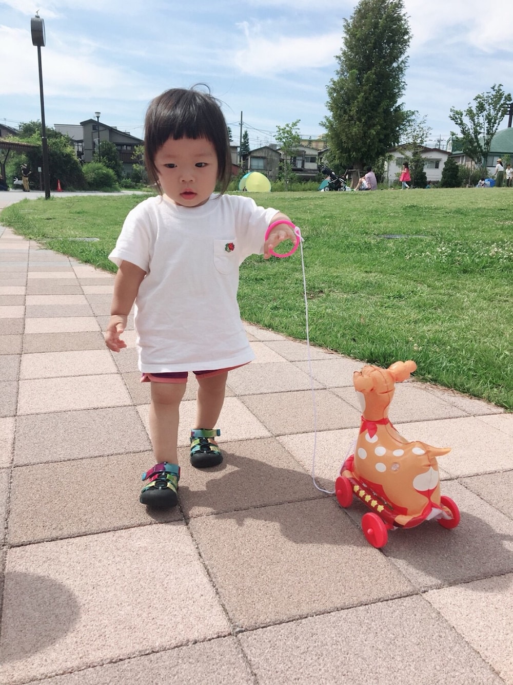 「FRUIT OF THE LOOMのアイテム（Tシャツ/カットソー、ホワイト系）」を使った、せんさん（キッズ・70cm）の秋コーディネートの1枚目の写真