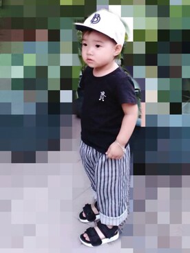 「no brand（ノーブランド）のアイテム（チノパンツ）」を使った、puddingさん（キッズ・80cm）の夏コーディネート