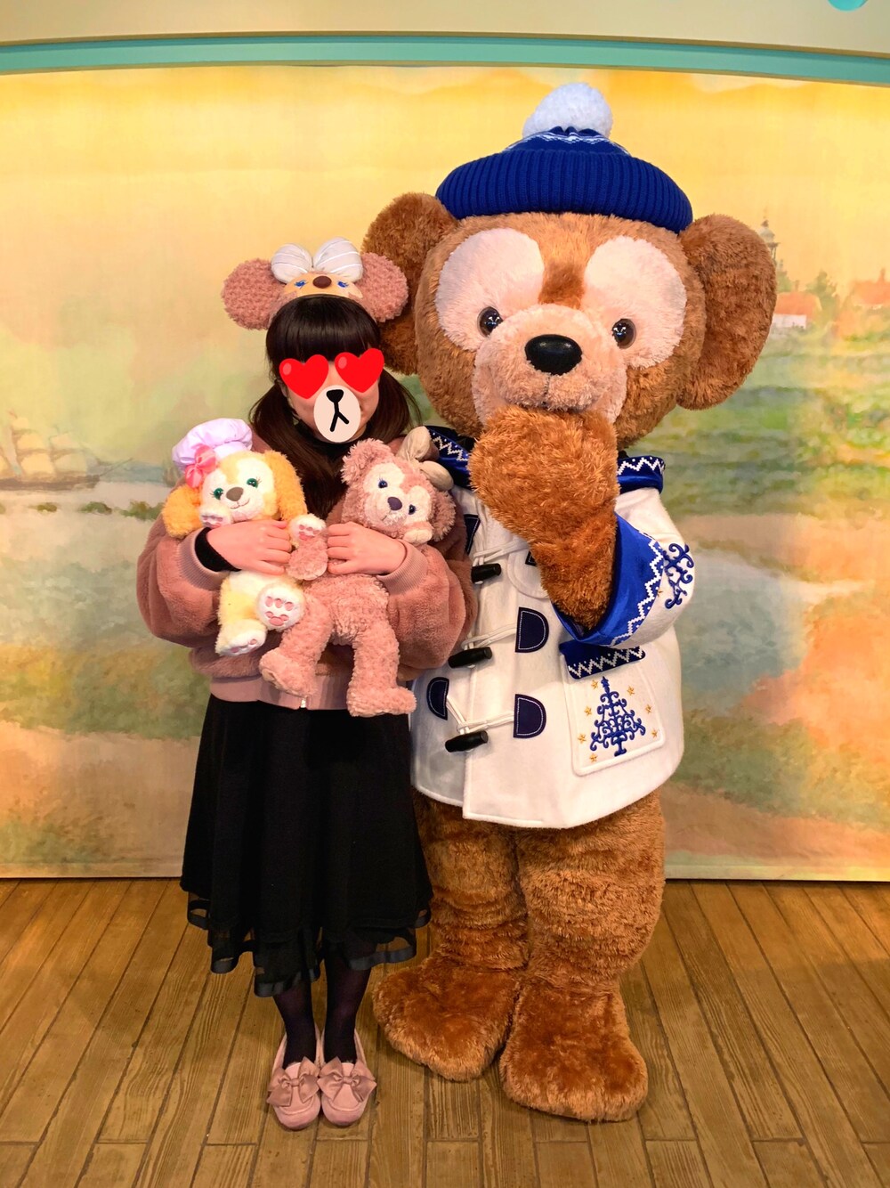 「ディズニーシー、ディズニー、ディズニーコーデ、ダッフィー、シェリーメイコーデ、シェリーメイ、休日スタイル、ガーリー、ピンクコーデ、ぶりっこ」｜「one wayのアイテム（ジャケット/アウター、ピンク系）」を使った、もえりん✩⃛さん（レディース・154cm）の冬コーディネートの1枚目の写真