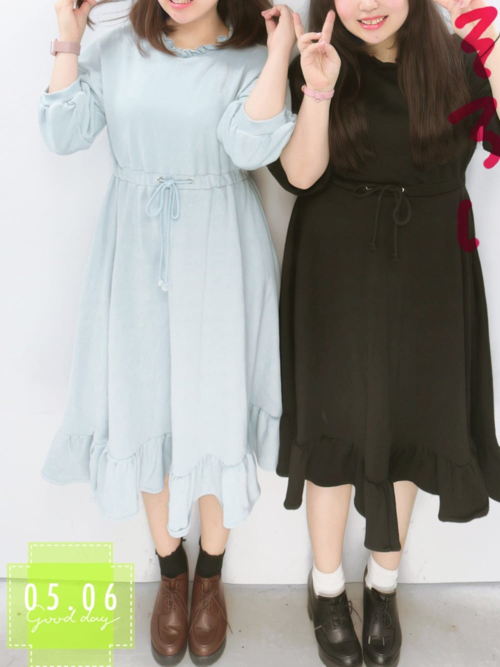 「休日スタイル、低身長、ゴールデンウィーク、ワンピース、厚底、コンサート、juice＝juice、お揃い、双子コーデ、姉妹コーデ」｜「merry jennyのアイテム（ワンピース、ブルー系）」を使った、もえりん✩⃛さん（レディース・154cm）の春コーディネートの1枚目の写真