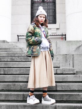 「Alpha Industries（アルファインダストリーズ）のアイテム（ノーカラージャケット）」を使った、Miriam Mibaoさん（レディース・163cm）の冬コーディネート