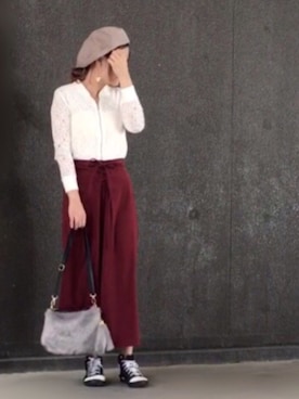 「WEGO（ウィゴー）のWEGO/フェイクスウェードパネルベレー帽（ハンチング/ベレー帽、グレー系）」を使った、Rℹ︎maluさん（レディース・156cm）の秋コーディネート