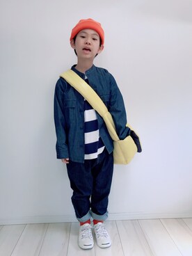 「Right-on（ライトオン）のアイテム（ニットキャップ/ビーニー）」を使った、タロイモさん（キッズ・123cm）の春コーディネート