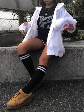「PUMA」｜「アイテム（ナイロンジャケット）」を使った、RIKOさん（レディース・150cm）の冬コーディネート