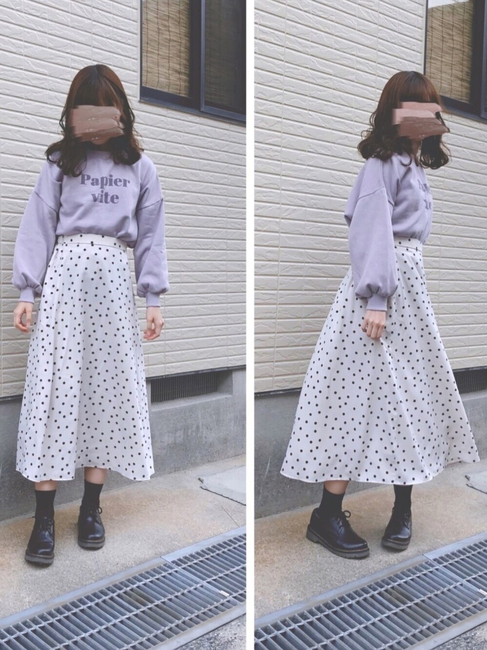 パープル系のスウェット、ホワイト系のスカート、ホワイト系のスカートを着用したレディースの春コーディネートの1枚目の写真