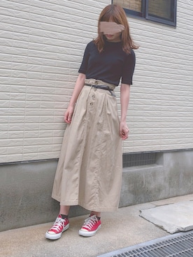 「UNIQLO（ユニクロ）のリブハイネックT（5分袖）（Tシャツ/カットソー）」を使った、ねこさん（レディース・158cm）の夏コーディネート