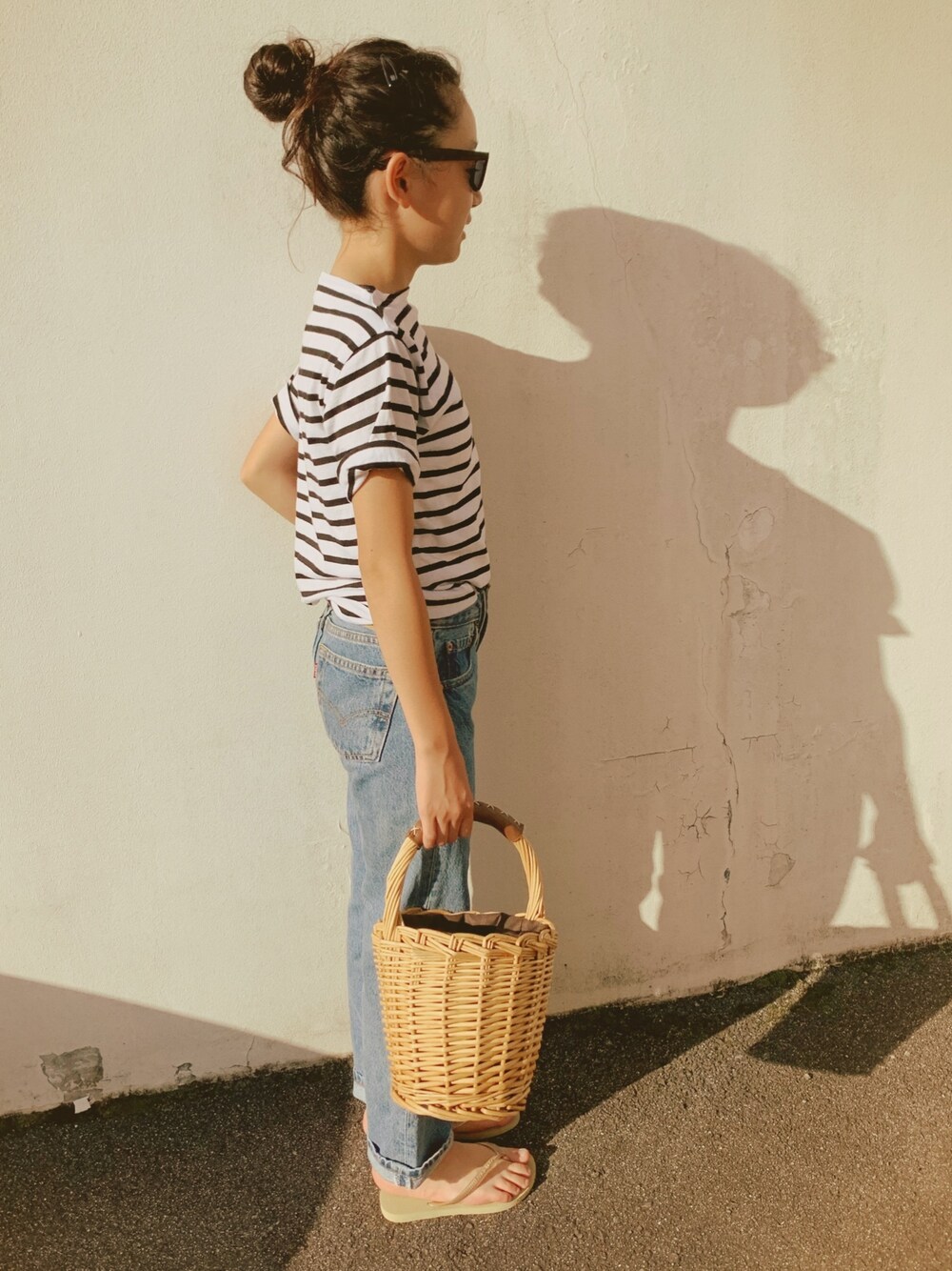 「SAINT JAMESの【SAINT JAMES/セントジェームス】PIRIAC BORDER（Tシャツ/カットソー、ブラック系）」を使った、micooさん（キッズ・140cm）の夏コーディネートの1枚目の写真