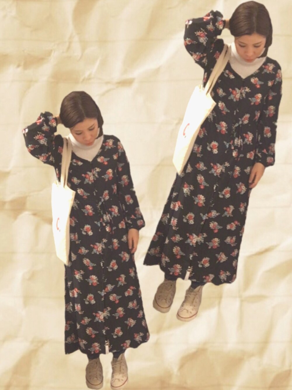 「休日スタイル、ゆるコーデ、デニム、シンプル、夏、黒、スニーカー、コンバース、BEAMS、Ray BEAMS」｜「Ray BEAMSのRay BEAMS / フラワープリント ロングガウン シャツワンピース（シャツ/ブラウス、ブラック系）」を使った、kumiさん（レディース・156cm）の春コーディネートの1枚目の写真